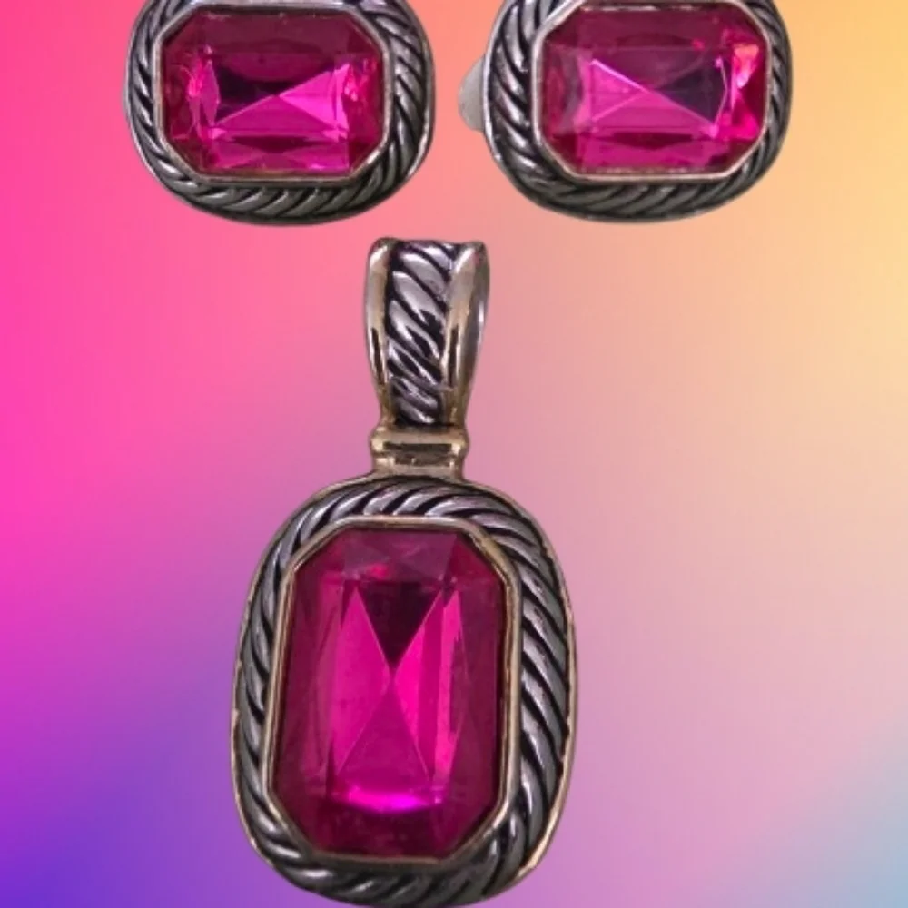 📣 Classic Y2K Fushia💖 Two Tone Gold Rope FASHION Set CLIP Earrings Pendant 😍